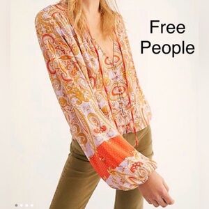 Free People Beautiful Day Satin Blouse Paisley  V-Neck Long Sleeve  XS (fits S)